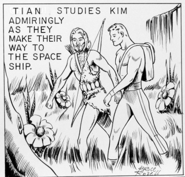 Tian studies Kim  admiringly as they make their wauy to the space ship.
